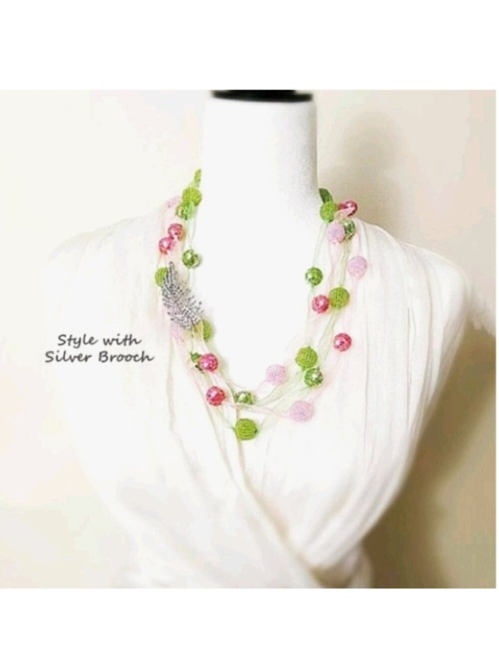 Long Necklace Pink Green Organza Sequin Beads 53”